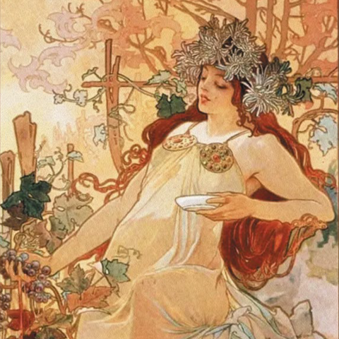 Альфонс Муха. Осень (серия «Времена года»), 1896 г. Гравюра, 1896, 100×51.2 см.