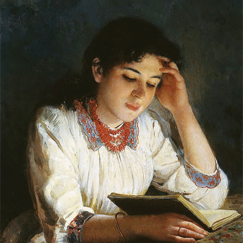 Илья Галкин (Россия, 1860-1915), «За чтением», 1890. 